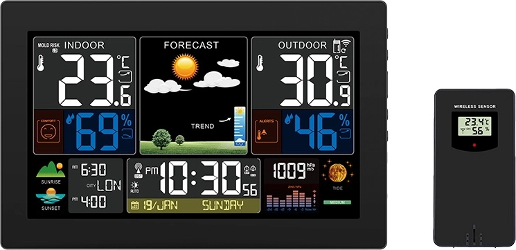 Stacja pogodowa Solight z kolorowym wyświetlaczem LCD XL, temperatura, wilgotność, ciśnienie, RCC, czarna