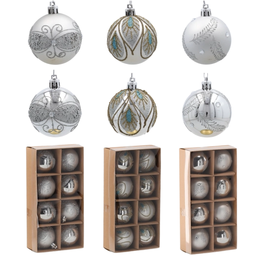 Zestaw srebrnych bombek świątecznych 6 cm – nietłukące ozdoby na choinkę, 8 szt.