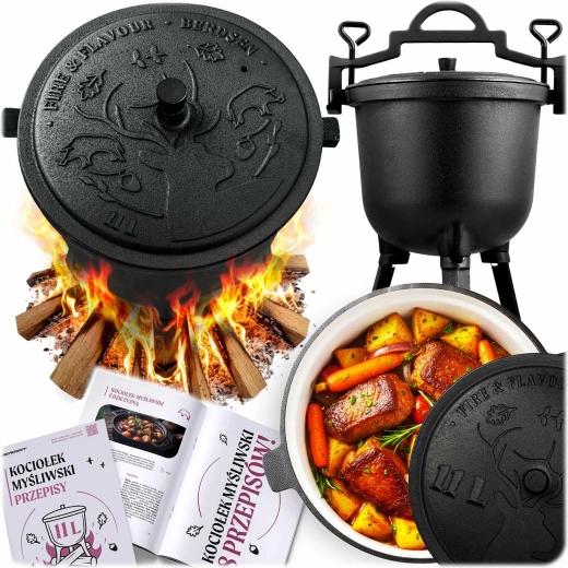 Emaliowany żeliwny kociołek na ognisko 11 l z pokrywą i trójnogiem