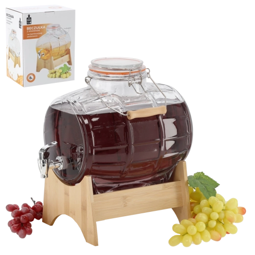 Szklana beczka na napoje 8 l z bambusową podstawką i kranikiem