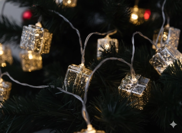 Świetlny łańcuch LED ze srebrnymi prezencikami, ciepła biel, 10 LED