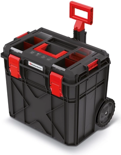 Mobilna skrzynia narzędziowa X-Block z teleskopową rączką, czarna