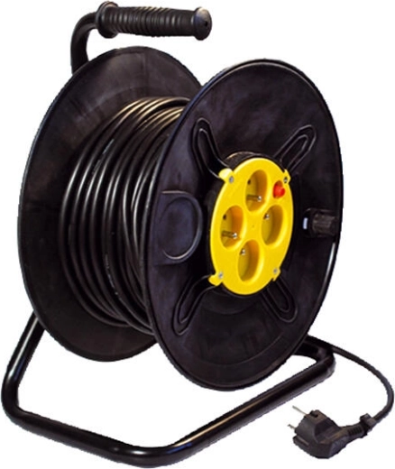 Nawijany przedłużacz 25 m, 4 gniazda, 3×1,5 mm², czarno/żółty