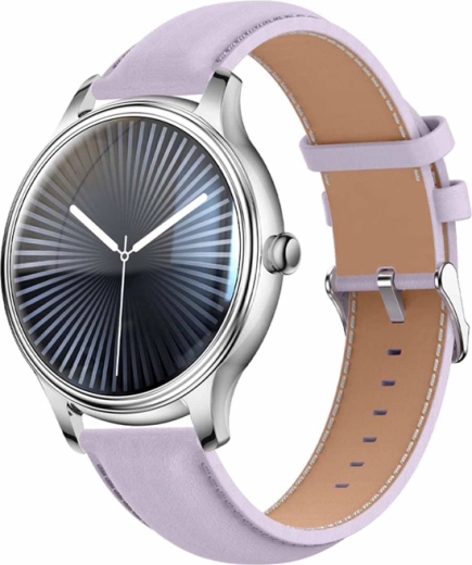 Smartwatch Colmi L28 srebrno‑fioletowy ze skórzanym paskiem