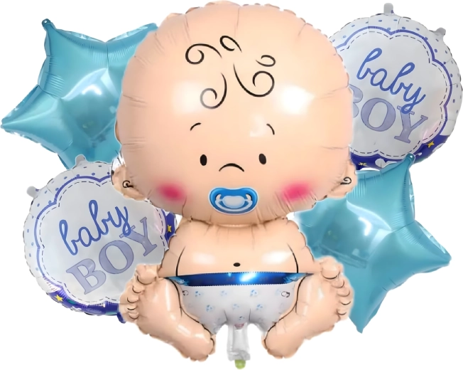 Balony na baby shower dla chłopca – zestaw 5 szt. z motywem niemowlęcia i gwiazdek