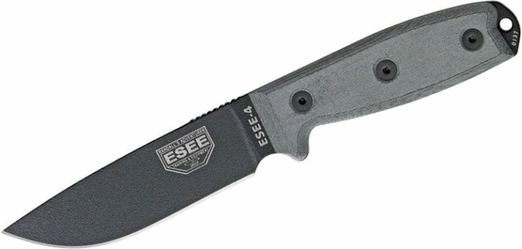 Uniwersalny nóż ESEE 4 z ostrzem 11,4 cm, Micarta, czarny/szary, pochwa MOLLE