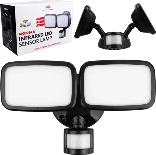 Ścienna lampa LED z czujnikiem PIR 20 W, 1500 lm, IP65, neutralna biel 4000 K, czarna