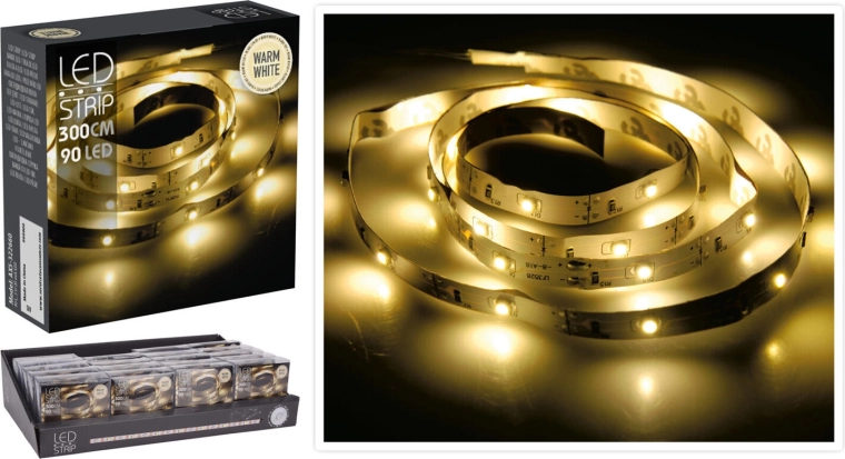 LED pasek świetlny 3 m, 90 LED, ciepła biel, na baterie