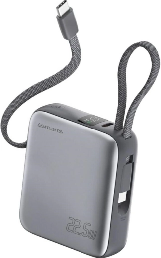 Powerbanka 4smarts Pocket Dual Cord 10000 mAh 22,5 W z wbudowanym kablem USB‑C, szara