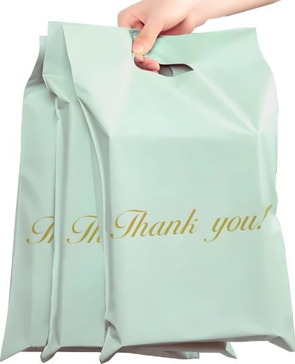 Foliopaki/torby kurierskie z uchwytem 400 × 500 + 70 mm, miętowe, 50 szt., napis THANK YOU