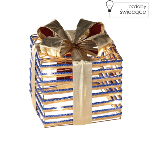 Świąteczny podświetlany prezent z niebieską kokardą 20 cm