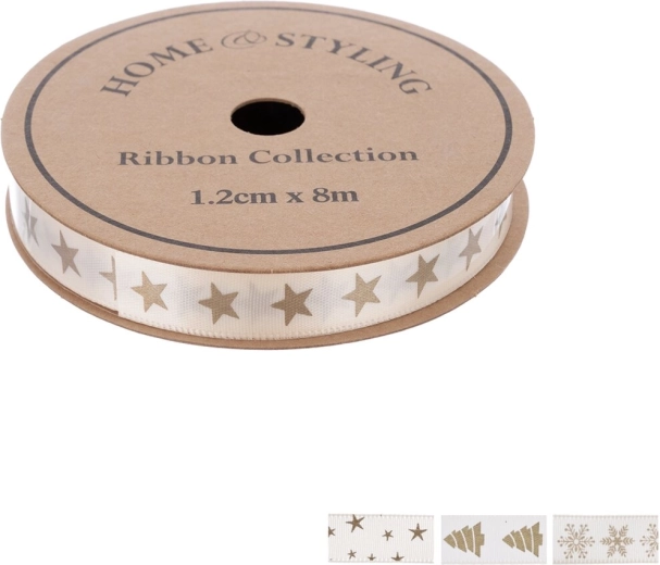 Home Styling świąteczna dekoracyjna wstążka beżowa ze złotym nadrukiem 1,2 cm x 8 m