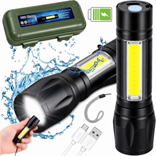 Taktyczna latarka LED COB z ładowaniem USB, zoomem i etui