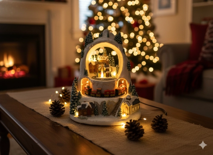 Świąteczna LED zimowa wioska z pociągiem, pozytywka 23 × 23 × 25,5 cm