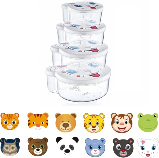 Zestaw 4 pojemników na żywność ze zwierzątkami, mix rozmiarów