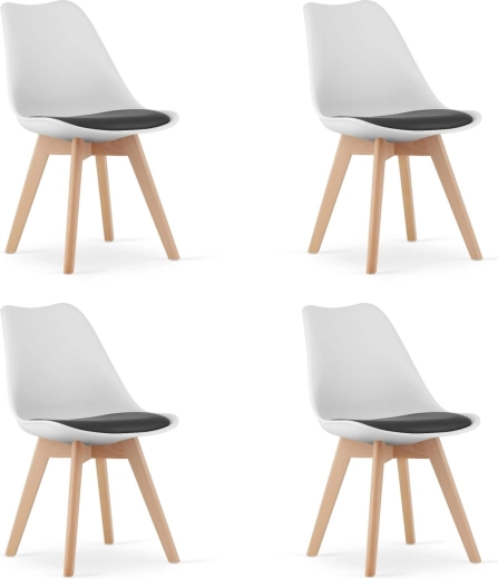 Zestaw czterech czarno-białych krzeseł z drewnianymi nogami