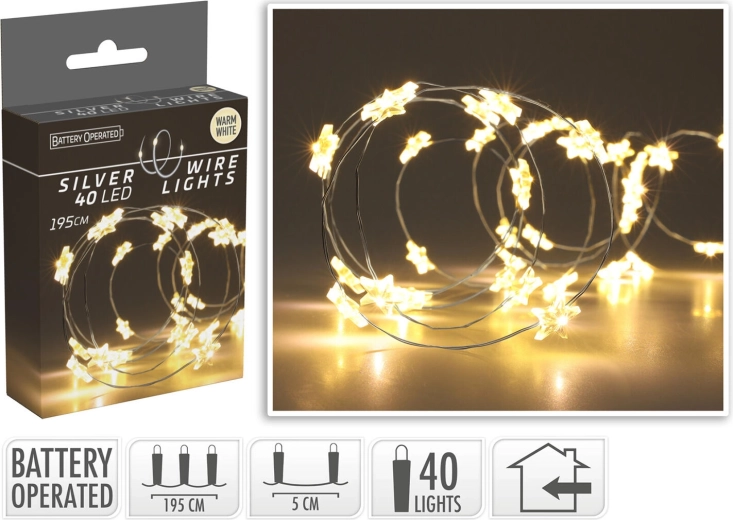 Świąteczne oświetlenie LED gwiazdy 1,95 m, 40 LED, ciepła biel - 1 szt.