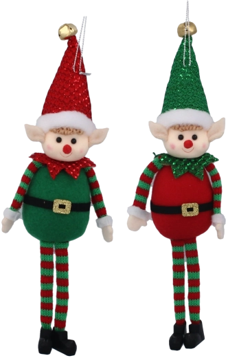 Świąteczny wiszący elf z filcu z brokatem 10 × 28 cm, czerwono‑zielony, zestaw 6 szt.