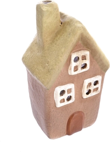 Ceramiczny świecznik domek beżowo-zielony 14 cm
