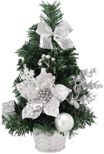 Srebrna choinka bożonarodzeniowa 30 cm w doniczce z ozdobami