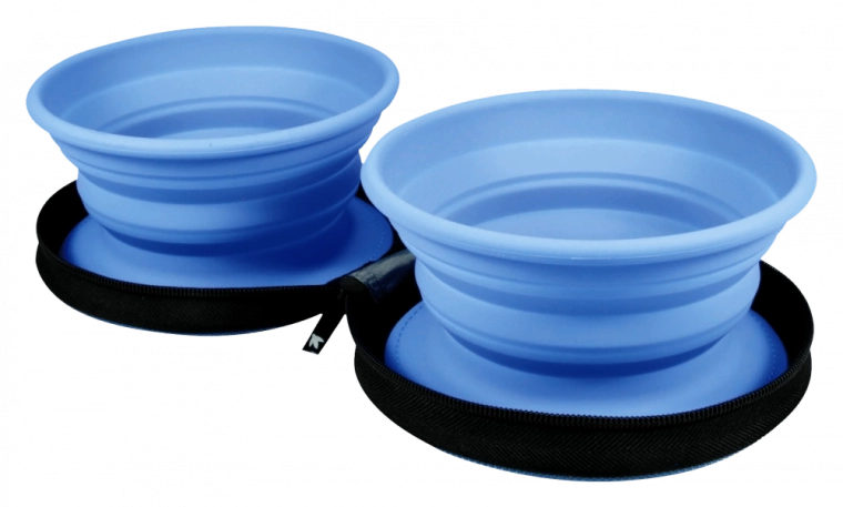 Podwójna miska turystyczna dla psów i kotów KIWI WALKER – niebieska, 2 szt.