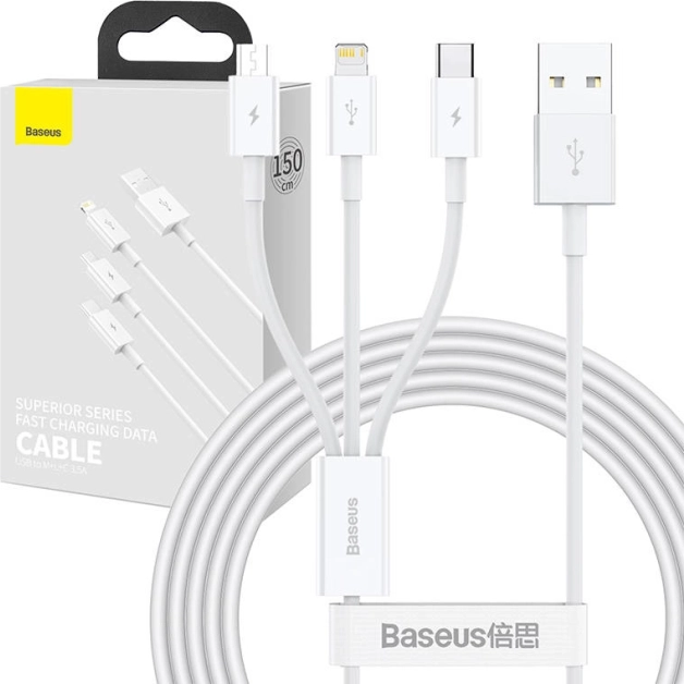 Kabel ładujący i danych 3w1 Baseus Superior, USB na Micro USB / USB‑C / Lightning, 3,5 A, 1,5 m, biały