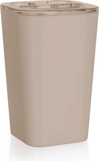 Plastowy kubek na szczoteczki do zębów z przegródką, beżowo-szary 11 cm