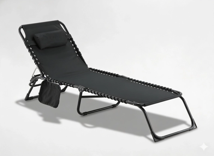 Składane ogrodowe leżak z kieszenią, czarne 190 × 58 × 30 cm