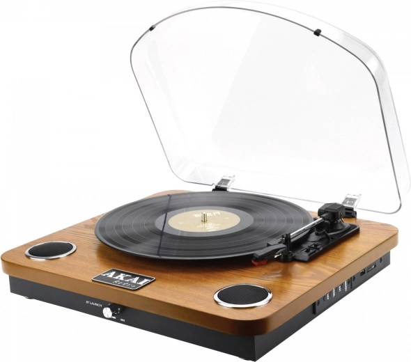 Gramofon AKAI w retro drewnianej obudowie z Bluetooth, USB i SD