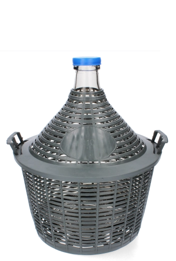 Szklany gąsior 10 l z wąską szyjką w plastikowym koszu