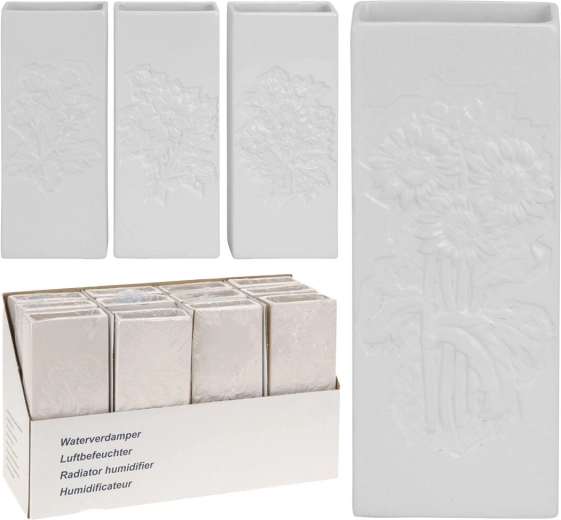 Ceramiczny nawilżacz na kaloryfer z tłoczonym kwiatowym reliefem, biały