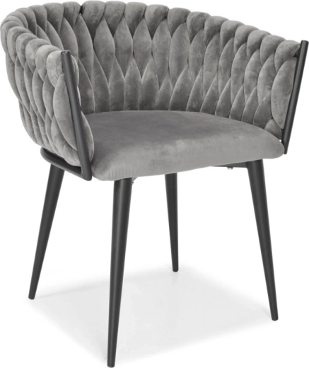 Tapicerowane welurowe krzesło do jadalni i salonu, szary welur, czarne metalowe nogi