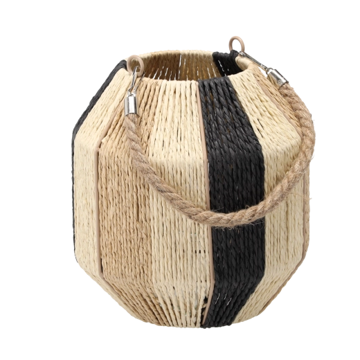 Boho lampion w prążkowany wzór ze szklaną wkładką, wysokość 23–25 cm