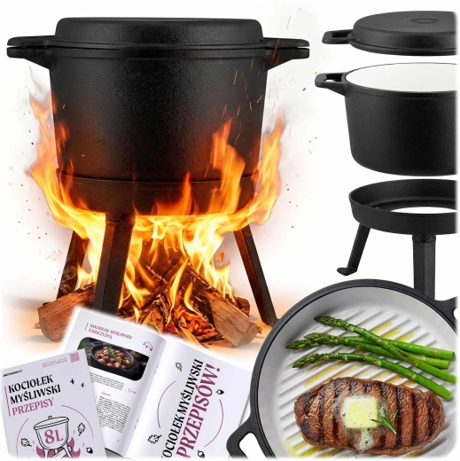 Żeliwny emaliowany kociołek 8 l ze stojakiem i patelnią grillową
