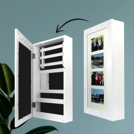 Wisząca biała szkatułka na biżuterię z lustrem 31 × 10 × 56 cm