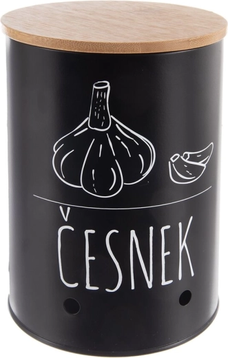 Puszka na czosnek z bambusową pokrywką, czarna