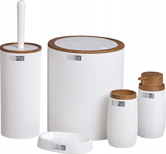 Okrągły zestaw łazienkowy 5 szt. biały z imitacją drewna