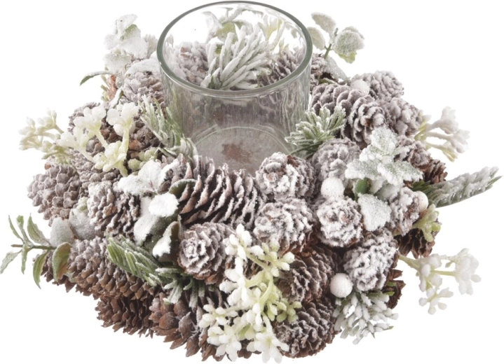 Świecznik w kształcie szyszki z efektem śniegu, 24 cm