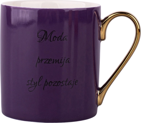 Fioletowy kubek z sentencją/napisem ze złotym uchem 300 ml