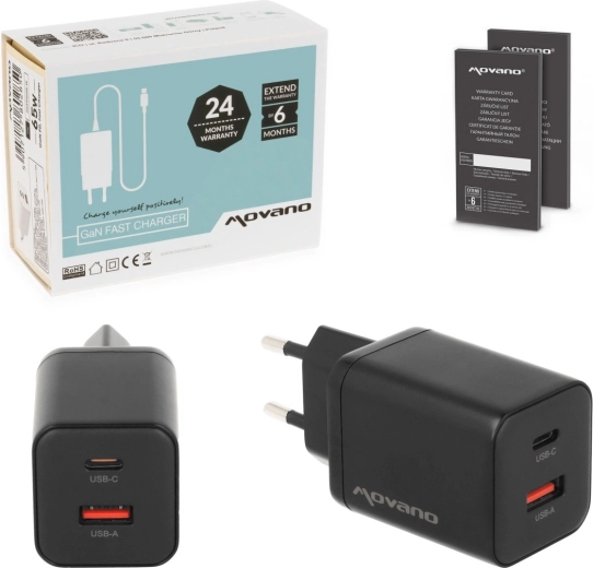 Ładowarka sieciowa Movano GaN 45 W USB-C PD + USB-A czarna