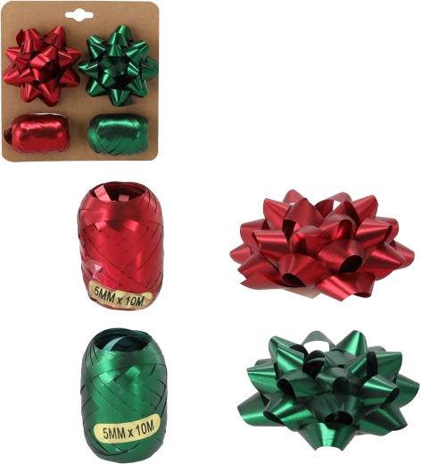 Zestaw do pakowania prezentów – zielony i czerwony (2 wstążki + 2 kokardki)