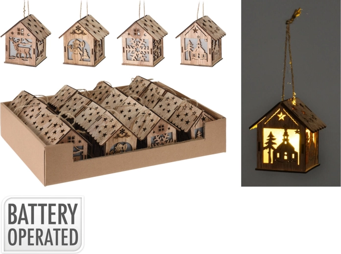Zawieszana drewniana dekoracja domek z LED, 9 cm
