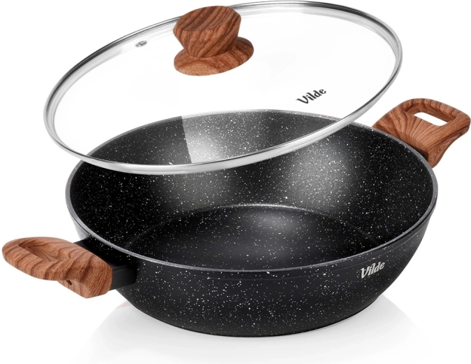 Głęboka granitowa patelnia ze szklaną pokrywką 28 cm, 3,5 l – Vilde Granitica Wood