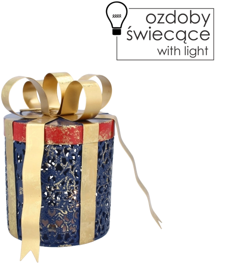 Metalowa świąteczna dekoracja prezent z podświetleniem LED, niebieska ze złotą kokardą