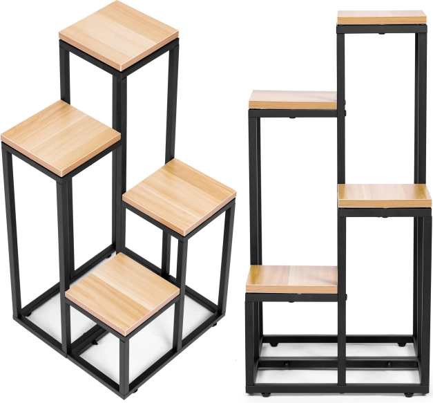 Stojak na rośliny z półkami – 4 poziomy, metal i MDF w kolorze jasnego orzecha ModernHome
