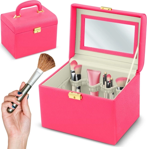 Różowy kuferek kosmetyczny Massido z uchwytem i zamkiem