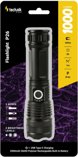 Latarka ładowalna Technik MT-P26 z USB‑C, zoomem oraz funkcjami SOS/stroboskop