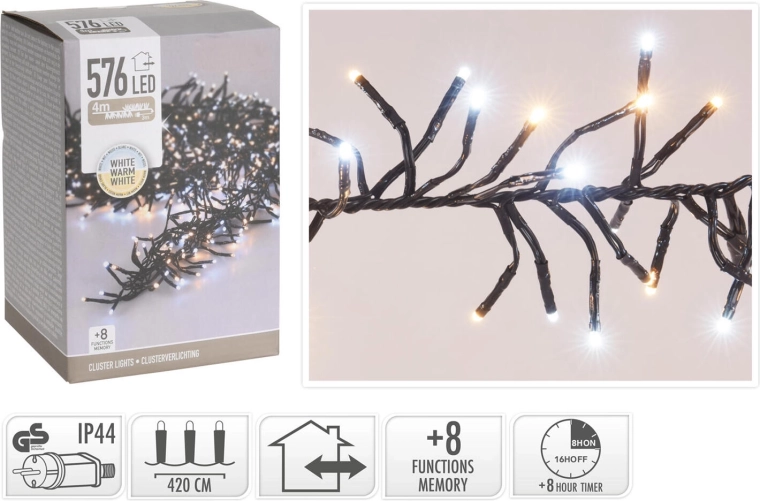 Świąteczny łańcuch świetlny LED 4,2 m, 576 LED, ciepła biel, 8 funkcji, IP44, z timerem