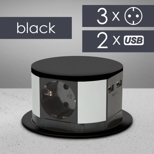 Wysuwane, wbudowane gniazdo zasilające z 3 gniazdami, USB-A i USB-C, czarne