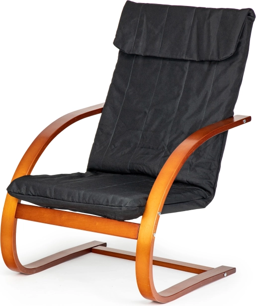 Fiński fotel bujany lounge ModernHome do salonu – czarna tkanina, drewno orzechowe